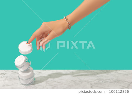 Womans hand touch white jars on turquoise background Womans hand touch white jars on turquoise background 106112836