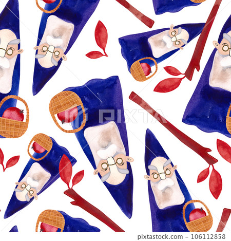 Watercolor seamless patern with autumn gnomes . Seasonal wrapping paper. Fall. Raster illustration for packaging, wallapers, wrapping paper, textile. White background Watercolor seamless patern with autumn gnomes . Seasonal wrapping paper. Fall. Raster illustration for packaging, wallapers, wrapping paper, textile. White background 106112858