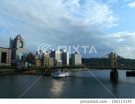 Pittsburgh Bridge with ferry passing under Pittsburgh Bridge with ferry passing under 106113145