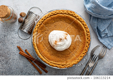 Traditional pumpkin pie with whipped cream and cinnamon 106113214