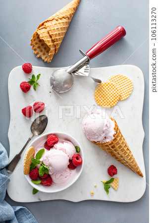 Raspberry ice cream in a bowl and conw with fresh berries 106113270