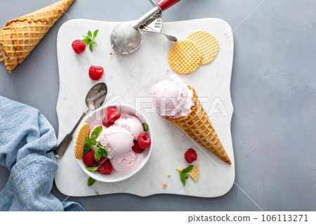 Raspberry ice cream in a bowl and conw with fresh berries 106113271