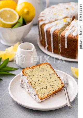 Lemon Poppy Seed Pound Cake with powdered sugar glaze 106113341
