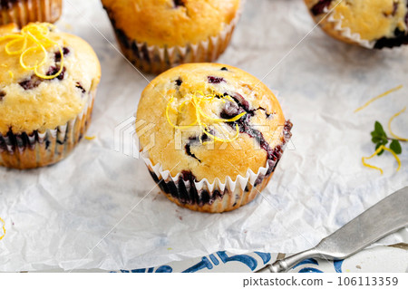 Blueberry muffins with fresh berries and preserves 106113359