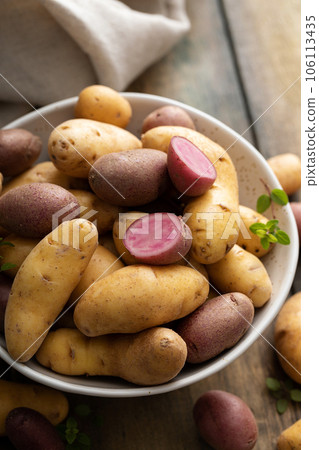 Yellow and purple fingerling potatoes ready to be cooked 106113435