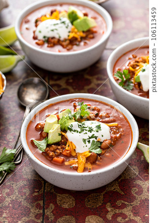 Traditional chili soup with meat and red beans 106113459