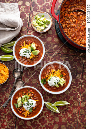 Traditional chili soup with meat and red beans 106113462