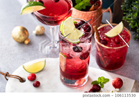 Variety of festive Christmas cocktails with cranberry and lime Variety of festive Christmas cocktails with cranberry and lime 106113530