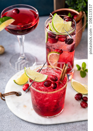 Variety of festive Christmas cocktails with cranberry and lime 106113537