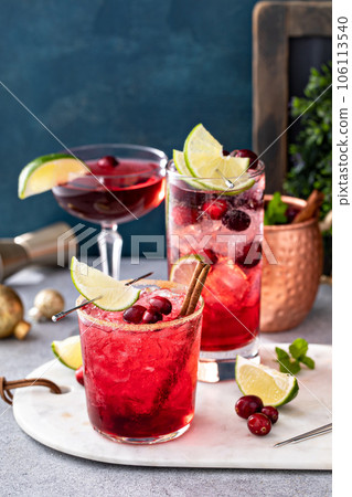 Variety of festive Christmas cocktails with cranberry and lime Variety of festive Christmas cocktails with cranberry and lime 106113540