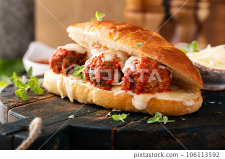 Meatball sub sandwich with marinara and mozzarella Meatball sub sandwich with marinara and mozzarella 106113592