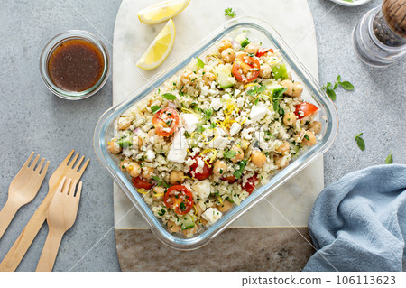 Healthy low carb salad with cauliflower rice and chickpeas Healthy low carb salad with cauliflower rice and chickpeas 106113623