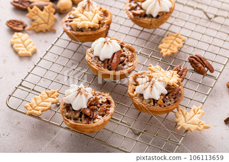 Mini pecan pies baked in a muffin tin Mini pecan pies baked in a muffin tin 106113659