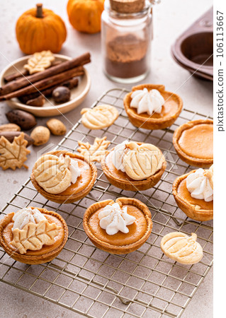 Mini pumpkin pies with wipped cream and cinnamon Mini pumpkin pies with wipped cream and cinnamon 106113667