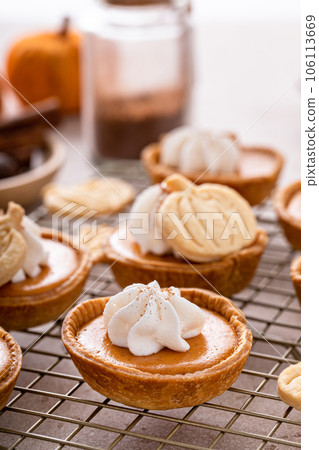 Mini pumpkin pies with wipped cream and cinnamon 106113669