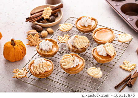 Mini pumpkin pies with wipped cream and cinnamon 106113670
