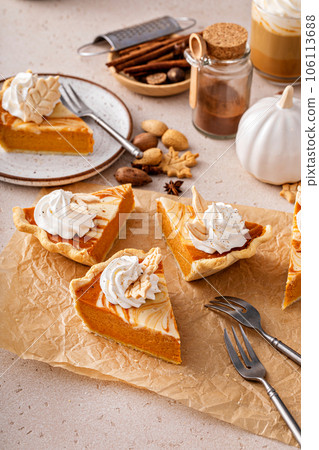 Pumpkin cheesecake swirl pie topped with whipped cream 106113688
