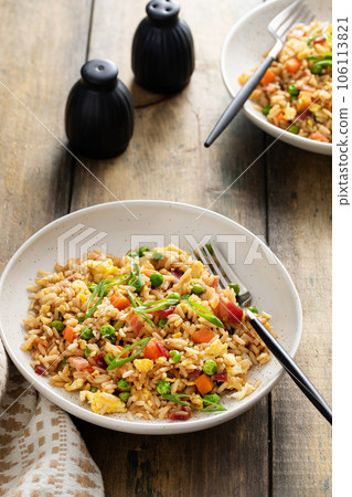 Breakfast fried rice with eggs and bacon 106113821