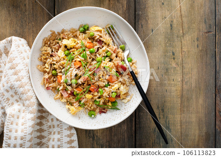 Breakfast fried rice with eggs and bacon Breakfast fried rice with eggs and bacon 106113823