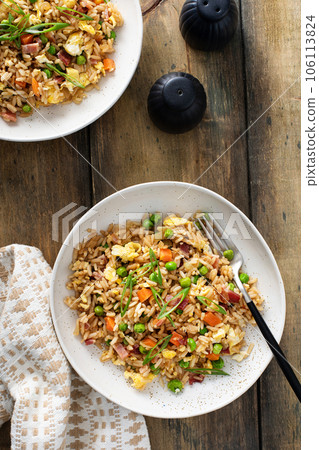 Breakfast fried rice with eggs and bacon 106113824