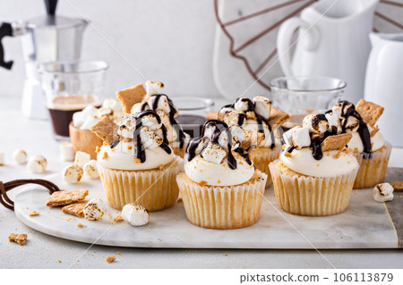 Smores cupcakes with graham crackers, toasted marshmallows and chocolate 106113879
