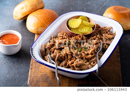 Pulled pork on a serving platter, ready to eat Pulled pork on a serving platter, ready to eat 106113943