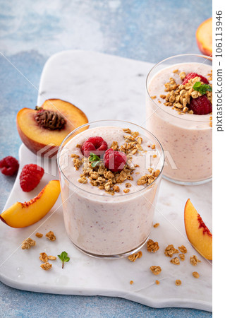 Raspberry peach smoothie, healthy and refreshing drink Raspberry peach smoothie, healthy and refreshing drink 106113946