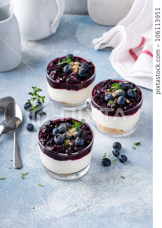 Blueberry cheesecake in a jar with graham cracker base 106113951