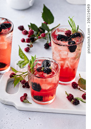 Refreshing blackberry cocktail with fresh sprig of rosemary 106114049