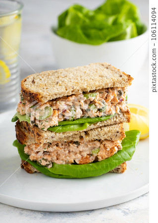 Tuna or salmon salad sandwiches with celery and yogurt Tuna or salmon salad sandwiches with celery and yogurt 106114094
