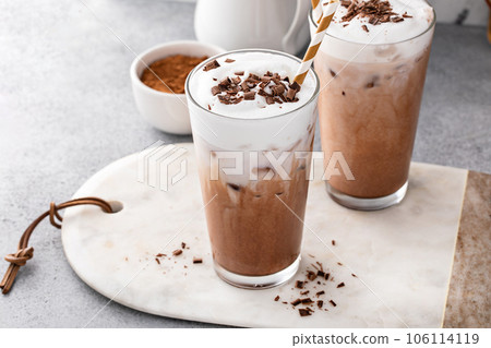Cold or iced chocolate drink with milk foam, refreshing drink 106114119