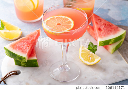Watermelon and citrus cocktail with lemon garnish Watermelon and citrus cocktail with lemon garnish 106114171