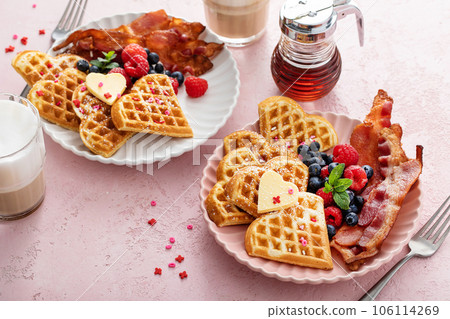 Valentines day breakfast for two with waffles heart shaped Valentines day breakfast for two with waffles heart shaped 106114269