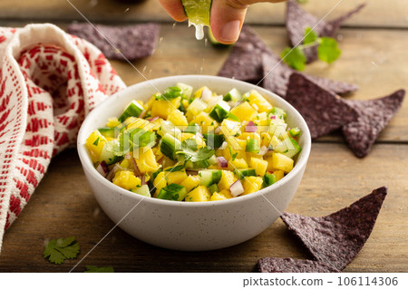 Pineapple and cucumber salsa with jalapeno and red onion 106114306