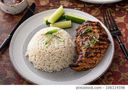 Grilled teriyaki chicken breast with rice and fresh cucumber Grilled teriyaki chicken breast with rice and fresh cucumber 106114396