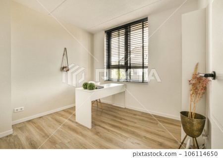 a room with wood flooring and white walls, there is a plant on the table in front of the window 106114650