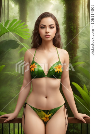 Beautiful girl in lingerie posing in jungle Beautiful girl in lingerie posing in jungle 106114805