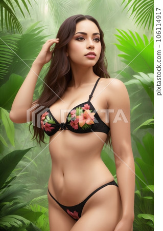 Beautiful girl in lingerie posing in jungle Beautiful girl in lingerie posing in jungle 106114917