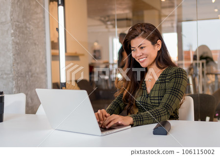 Cheerful business lady working on netbook in office 106115002