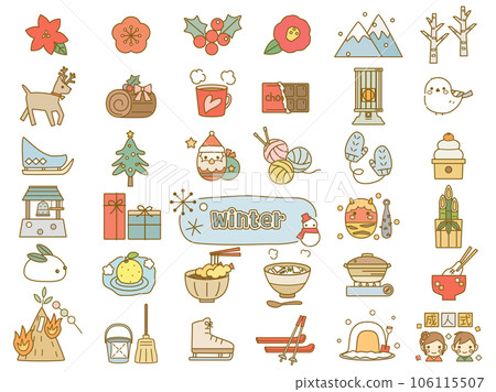 A set of illustrations inspired by winter events such as Santa and kadomatsu, a combination of line drawings and colors 106115507