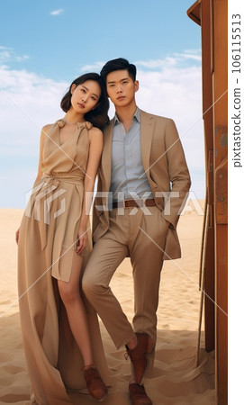 Portrait of a young Korean couple, wearing beige clothes. Model. 106115513
