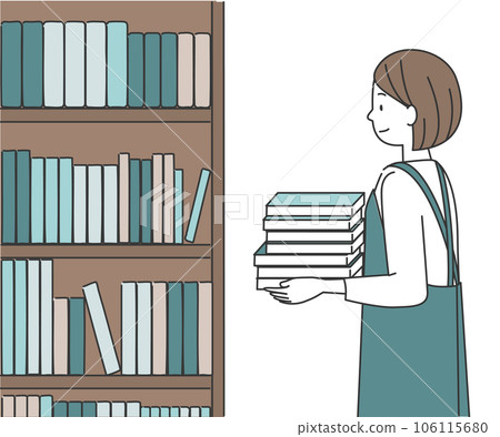 A woman carrying a large bookshelf and books A woman carrying a large bookshelf and books 106115680