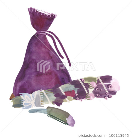 Herbology: purple suede pouch with golden corners and dried herbs for cleansing and fumigation ritual.Modern Witch. Home harmony. Watercolor isolated illustration on a white background. 106115945