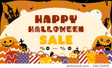 Happy Halloween sale ad template (orange) surrounded by monsters and shopping bags 106116495