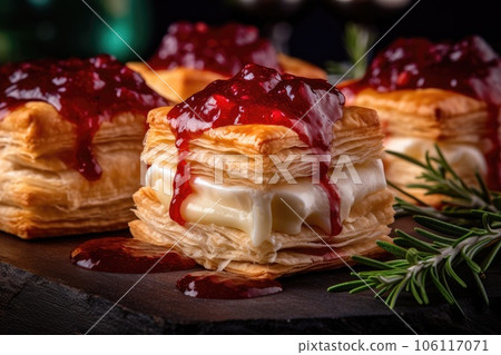 puff pastry with cranberry filling.served on a platter and garnished  106117071