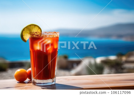 refreshing cold drink Michelagua or michelada with ice On a table by the sea refreshing cold drink Michelagua or michelada with ice On a table by the sea 106117096
