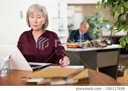 Elderly woman office worker using laptop Elderly woman office worker using laptop 106117686