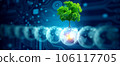 Crystal ball with tree against nature with digital convergence and technology background. Ecology, Energy, Environment, Green Technology, and IT ethics Concept. 106117705