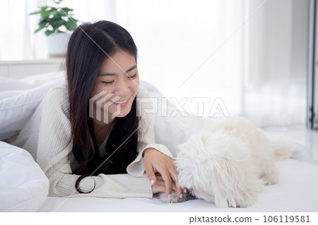 Beautiful young asian woman playful with fluffy dog shih tzu for relax with love on bed in bedroom. Beautiful young asian woman playful with fluffy dog shih tzu for relax with love on bed in bedroom. 106119581