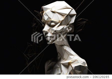 white and gold sculpture of a woman on a black background in a minimalist style. 106120285